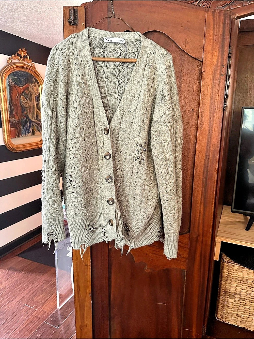 Zara Studded Distressed Cable Knit Cardigan Gray Medium